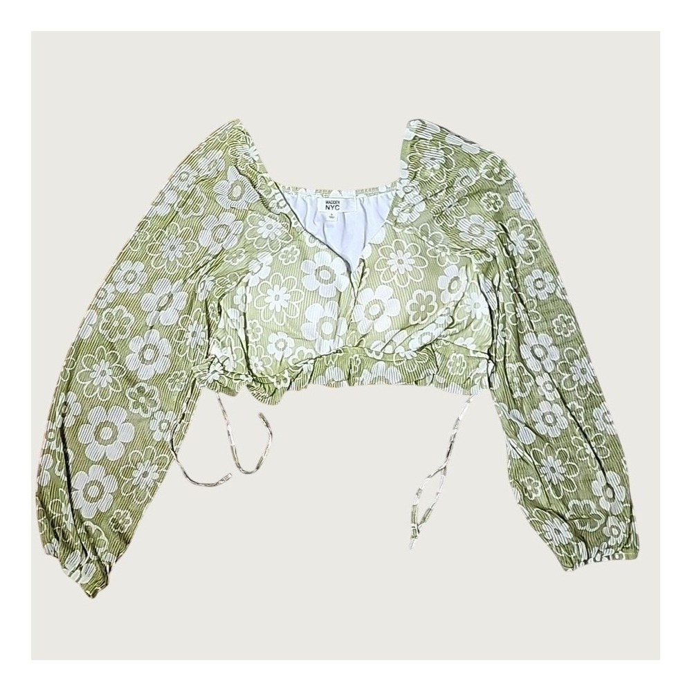 Madden NYC Boho Crop Top Green Floral Coquetteā Hippie Cottage Peasant L